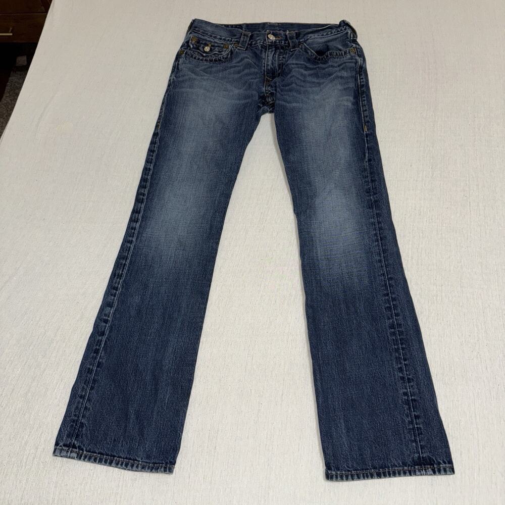 True Religion Jeans Mens 31x32 Blue Straight Fit Denim Flap Pockets Preppy Logo